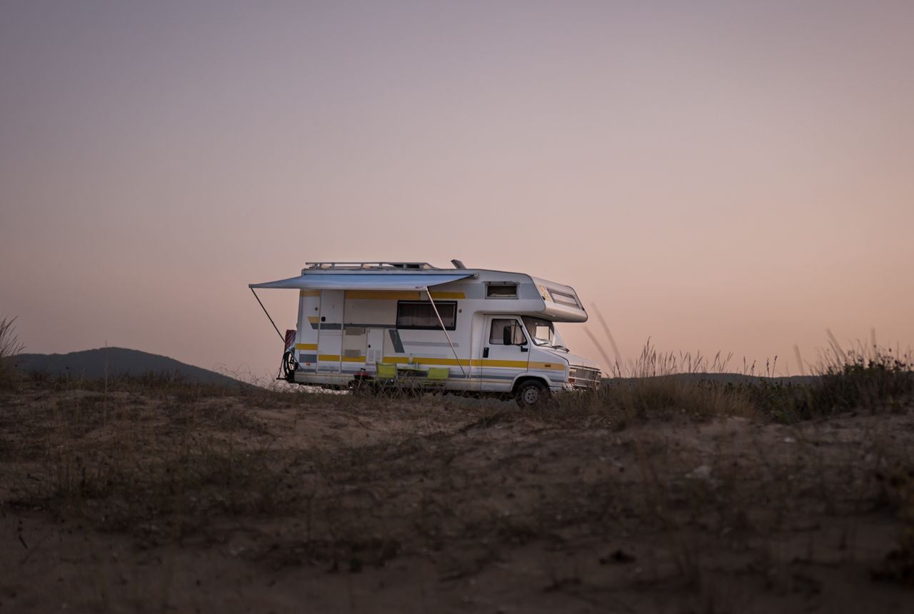 Motorhome parked at sunset ready for RV towing in Calgary