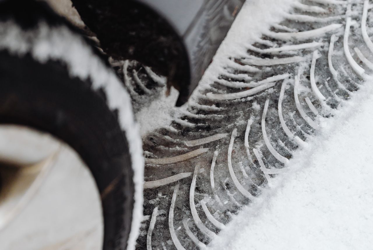 Winter tire tread in Calgary snow, a common cause of flats and blowouts